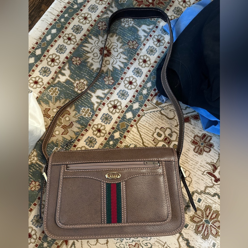 Gucci Tan Leather Crossbody with Signature Stripe